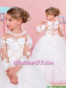 Beautiful Button Up Flower Girl Dress with Applique Decorated Long Sleeves and Scoop