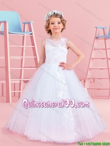 Best Selling See Through Scoop Tulle Flower Girl Dress with Appliques