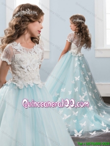 Cheap Applique and Laced Light Blue Little Girl Pageant Dress with Brush Train
