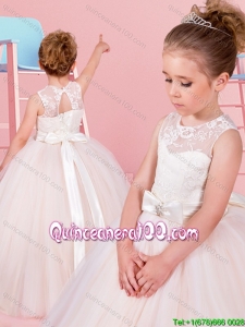Classical See Through Laced and Bowknot Flower Girl Dress in Champagne