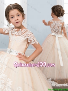 Classical See Through White and Pink Little Girl Pageant Dress with Short Sleeves