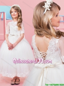 Discount Bowknot and Laced Short Sleeves Flower Girl Dress in Tea Length