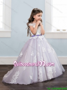 Discount See Through Laced Brush Train Little Girl Pageant Dress with Cap Sleeves