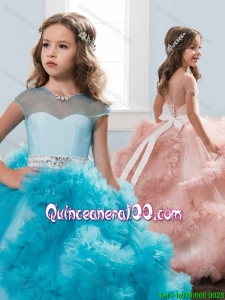 Elegant See Through Short Sleeves Little Girl Pageant Dress with Beading and Ruffles