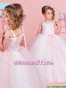 Elegant Straps White and Pink Flower Girl Dress with Laced Bodice