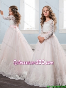 Exclusive Long Sleeves Brush Train White Little Girl Pageant Dress with Lace