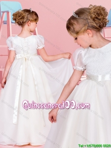 Fashionable A Line Belted and Laced Flower Girl Dress with Short Sleeves
