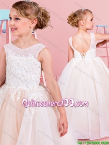Hot Sale See Through Scoop Backless Flower Girl Dress with Lace Appliques