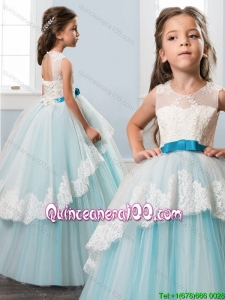 Hot Sale White and Blue Little Girl Pageant Dress with Bowknot and Lace