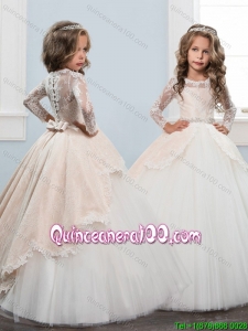 Infant Long Sleeves Button Up Little Girl Pageant Dress in White and Champagne