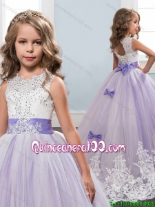Lovely Beaded Bowknot Lavender Tulle Little Girl Pageant Dress with Lace Appliques