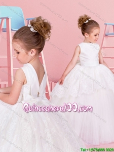 Lovely Big Puffy High Neck Backless Flower Girl Dress with Bowknot and Lace