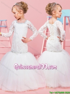 Lovely Mermaid Beaded and Laced Bodice Little Girl Pageant Dress with Long Sleeves