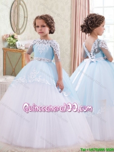 Luxurious Beaded Decorated Waist Little Girl Pageant Dress in White and Blue