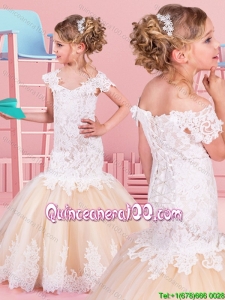 Luxurious Mermaid Off the Shoulder Brush Train Little Girl Pageant Dress in Champagne and White