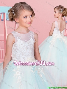 Most Popular Backless Light Blue and White Little Girl Pageant Dress with Appliques