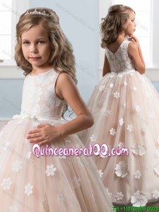 New Style Zipper Up Champagne Little Girl Pageant Dress with Appliques and Bowknot