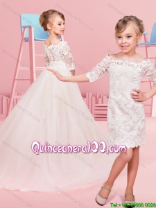 Outside Long Inside Short Laced and Tulle Off the Shoulder Little Girl Pageant Dress