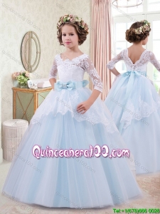Perfect Bowknot and Laced Light Blue Little Girl Pageant Dress with Half Sleeves