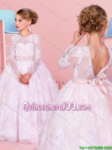 Popular V Shaped Backless Lace Pink Flower Girl Dress with Long Sleeves