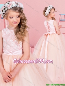 Pretty Laced Bodice Champagne Floor Length Little Girl Pageant Dress in Tulle