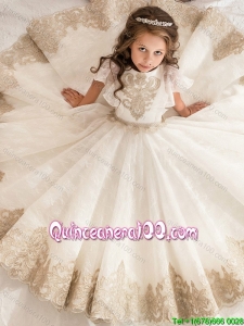 Romantic Short Sleeves Little Girl Pageant Dress with Lace and Beaded Decorated Waist