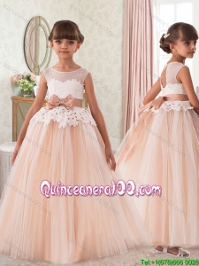 Simple See Through Beaded and Bowknot Laced Little Girl Pageant Dress in Tulle