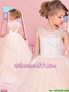 Sweet Puffy Skirt Laced Champagne Little Girl Pageant Dress with Brush Train