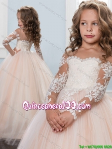 New Arrivals Off the Shoulder Long Sleeves Little Girl Pageant Dress with Brush Train