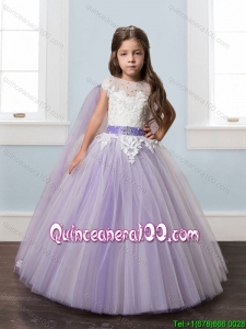 Top Seller Belted Laced Short Sleeves Little Girl Pageant Dress with Watteau Train