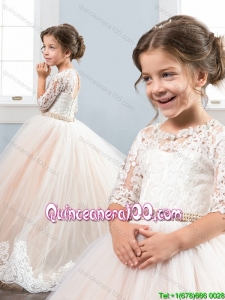 Unique Beaded Decorated Waist and Laced Bodice Little Girl Pageant Dress with Half Sleeves