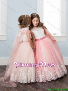 Most Popular Watteau Train Tulle Little Girl Pageant Dress with Belt and Lace