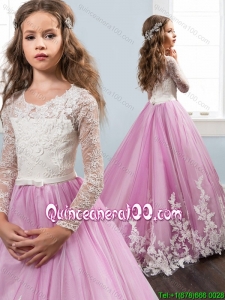 New Style Bowknot and Laced Long Sleeves Little Girl Pageant Dress in Lilac