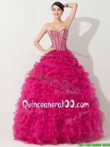 Visible Boning Hot Pink Birthaday Party Dresses with Beading and Ruffles