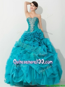 Princess Teal Best Quinceanera Dresses with Beading and Rolling Flowers