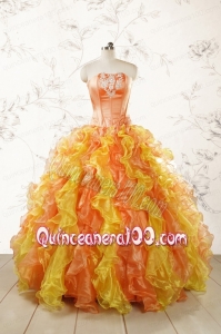 2015 Luuxurious Strapless Appliques and Ruffles Puffy Quinceanera Dresses