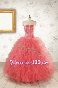 Watermelon Red Exquisite Quinceanera Dresseswith Appliques and Ruffles