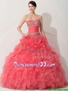 Lovely Princess Coral Red Sweet 16 Dress with Beading and Ruffles