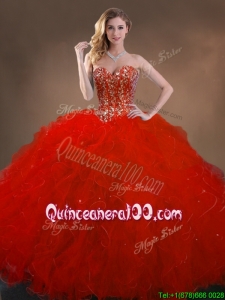 Simple Ball Gown Beaded and Ruffles Quinceanera Gowns in Red