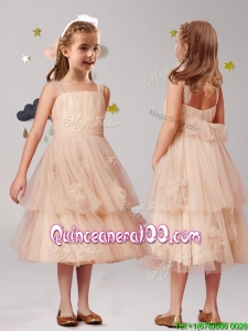 Wonderful Straps Champagne Little Girl Pageant Dress with Appliques and Ruffled Layers