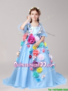 Classical V Neck Half Sleeves Little Girl Pageant Dress with Hand Made Flowers