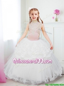 Fashionable Halter Top Flower Girl Dress with Lace and Beading