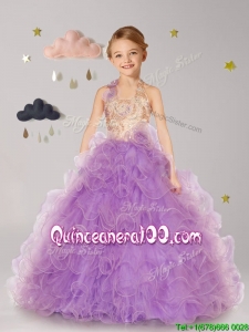 Inexpensive Halter Top Organza Little Girl Pageant Dress with Hand Made Flowers and Ruffles