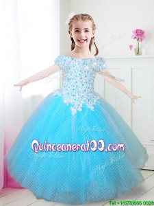 New Off the Shoulder Applique and Beaded Little Girl Pageant Dress in Aqua Blue
