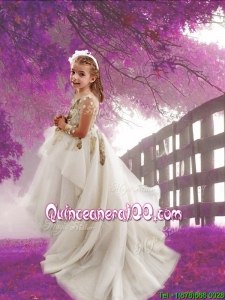 See Through Scoop Long Sleeves Applique Flower Girl Dress with Court Train