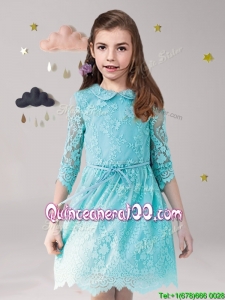Unique Scoop Laced and Sashed Little Girl Pageant Dress in Aqua Blue