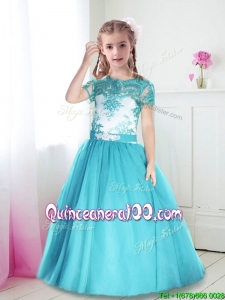 Best Scoop Short Sleeves Turquoise Little Girl Pageant Dress with Lace and Belt