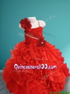 Discount Asymmetrical Neckline Red Little Girl Pageant Dress with Hand Made Flowers and Ruffles