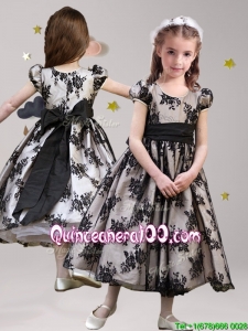 Exquisite Scoop Short Sleeves Black Little Girl Pageant Dress with Sashes