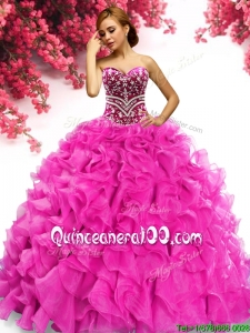 Latest Hot Pink Organza Quinceanera Dress with Beading and Ruffles
